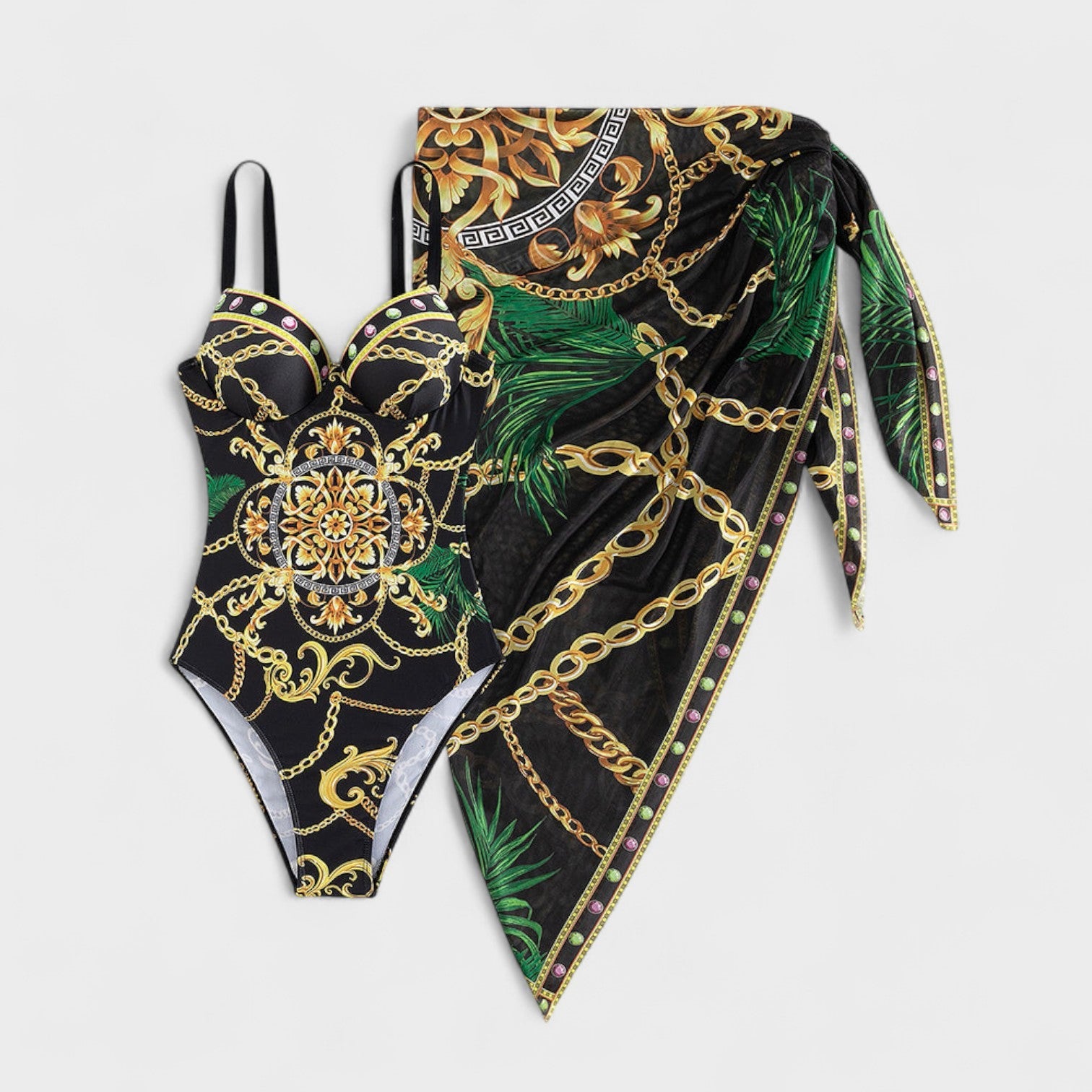 Costume Push-Up con Catena e Gonna da Spiaggia