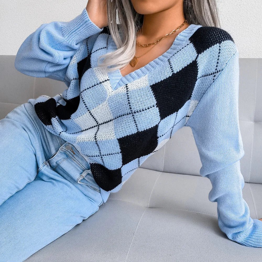Camilla | Maglione Invernale a V con Motivo Argyle Donna