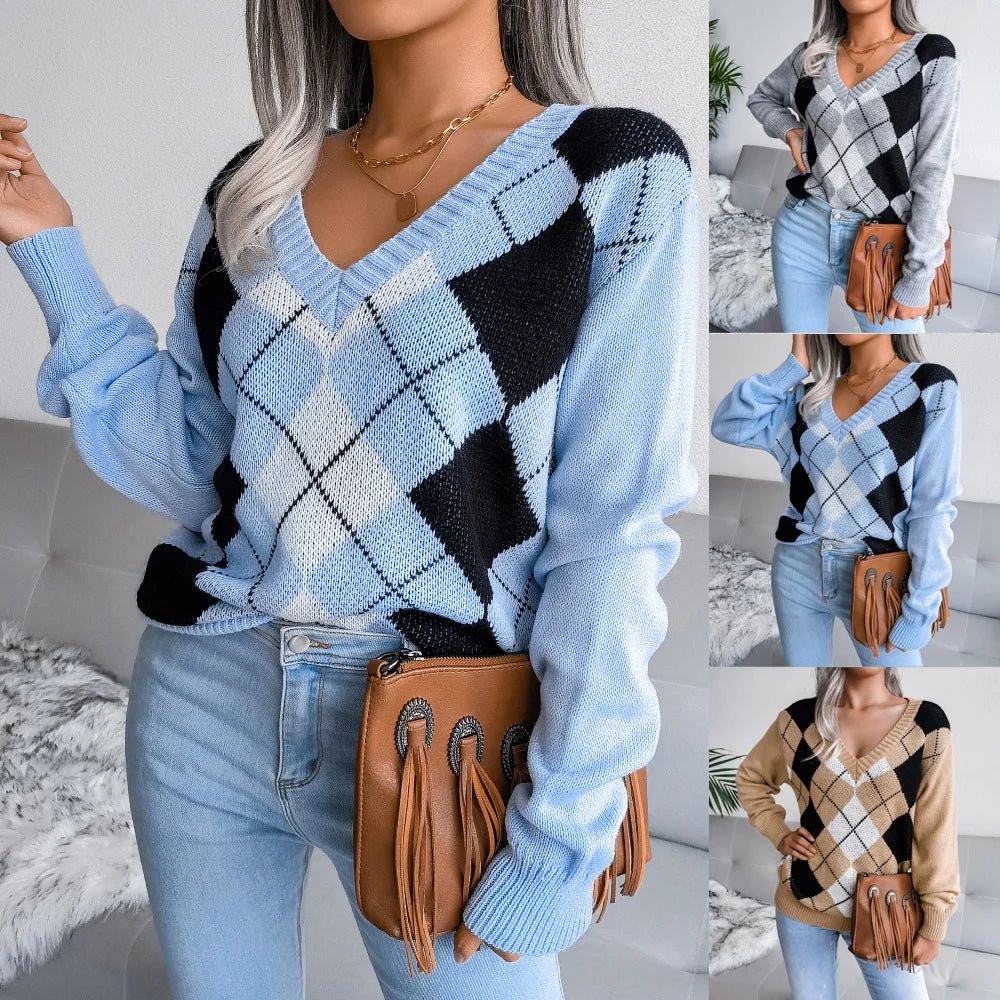 Camilla | Maglione Invernale a V con Motivo Argyle Donna