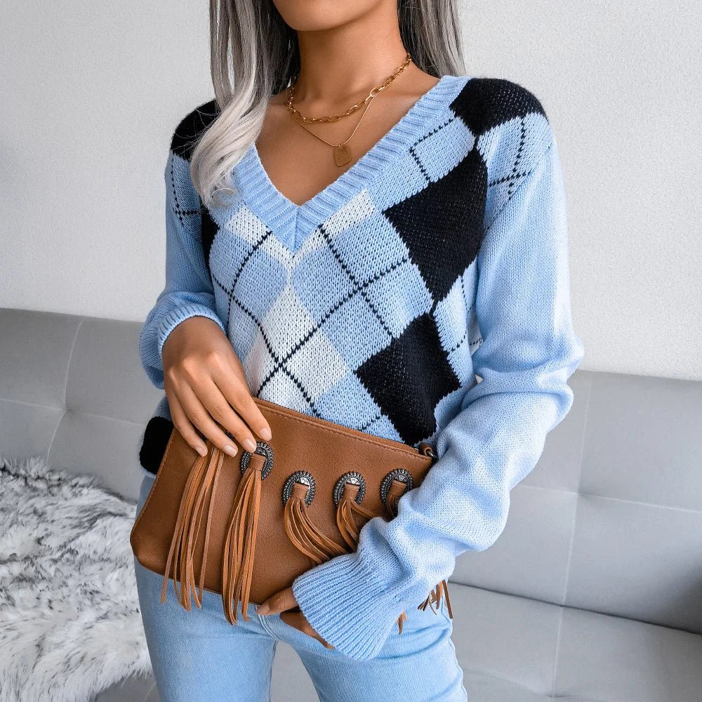 Camilla | Maglione Invernale a V con Motivo Argyle Donna