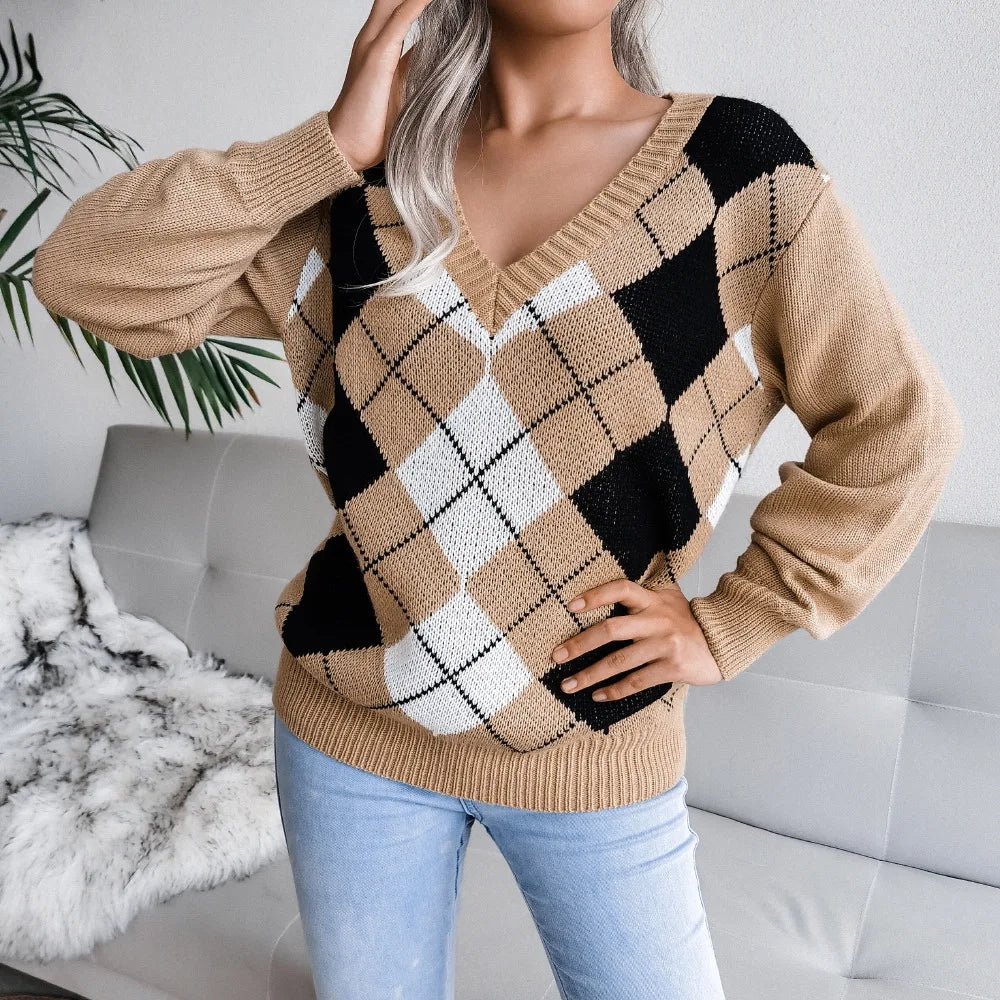 Camilla | Maglione Invernale a V con Motivo Argyle Donna