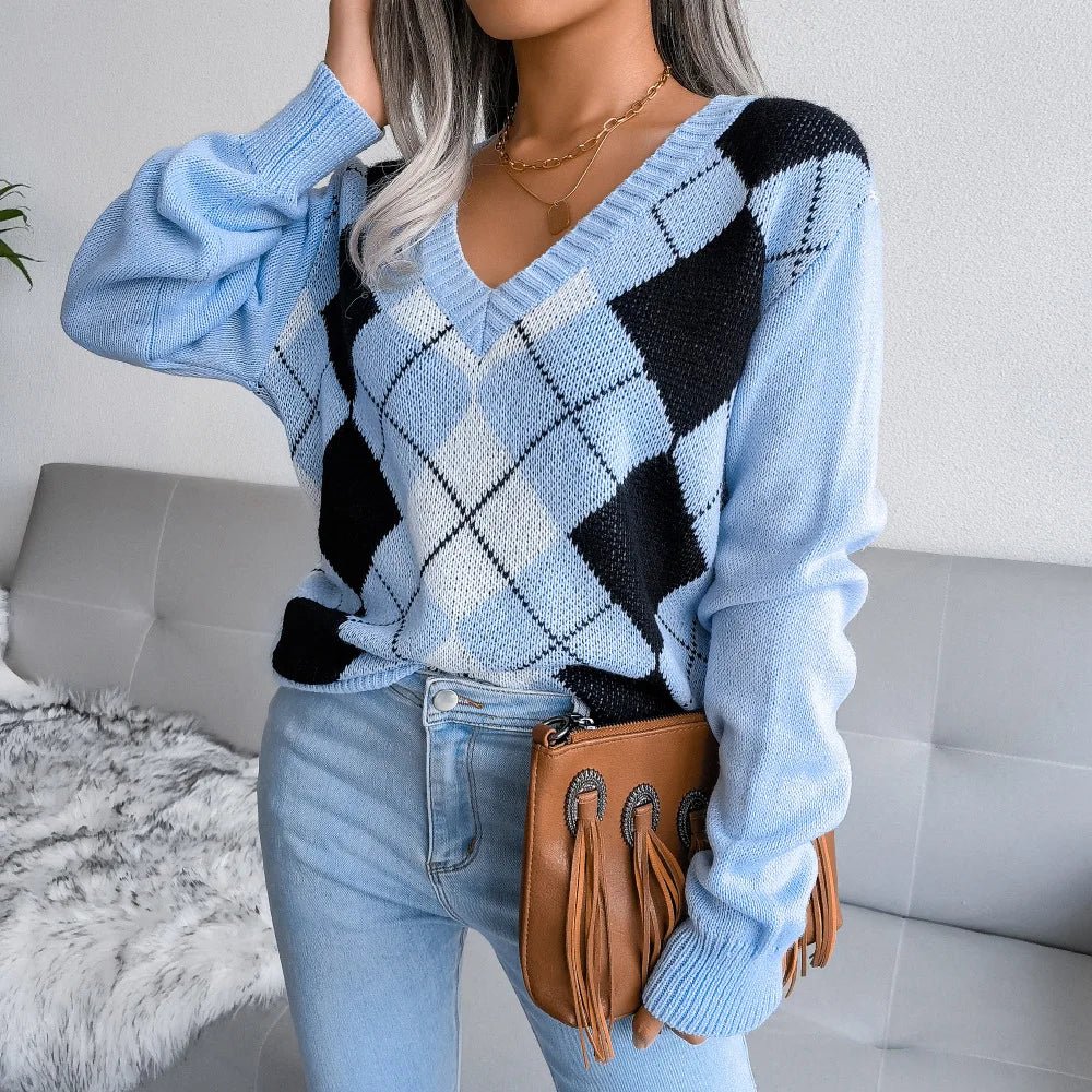 Camilla | Maglione Invernale a V con Motivo Argyle Donna