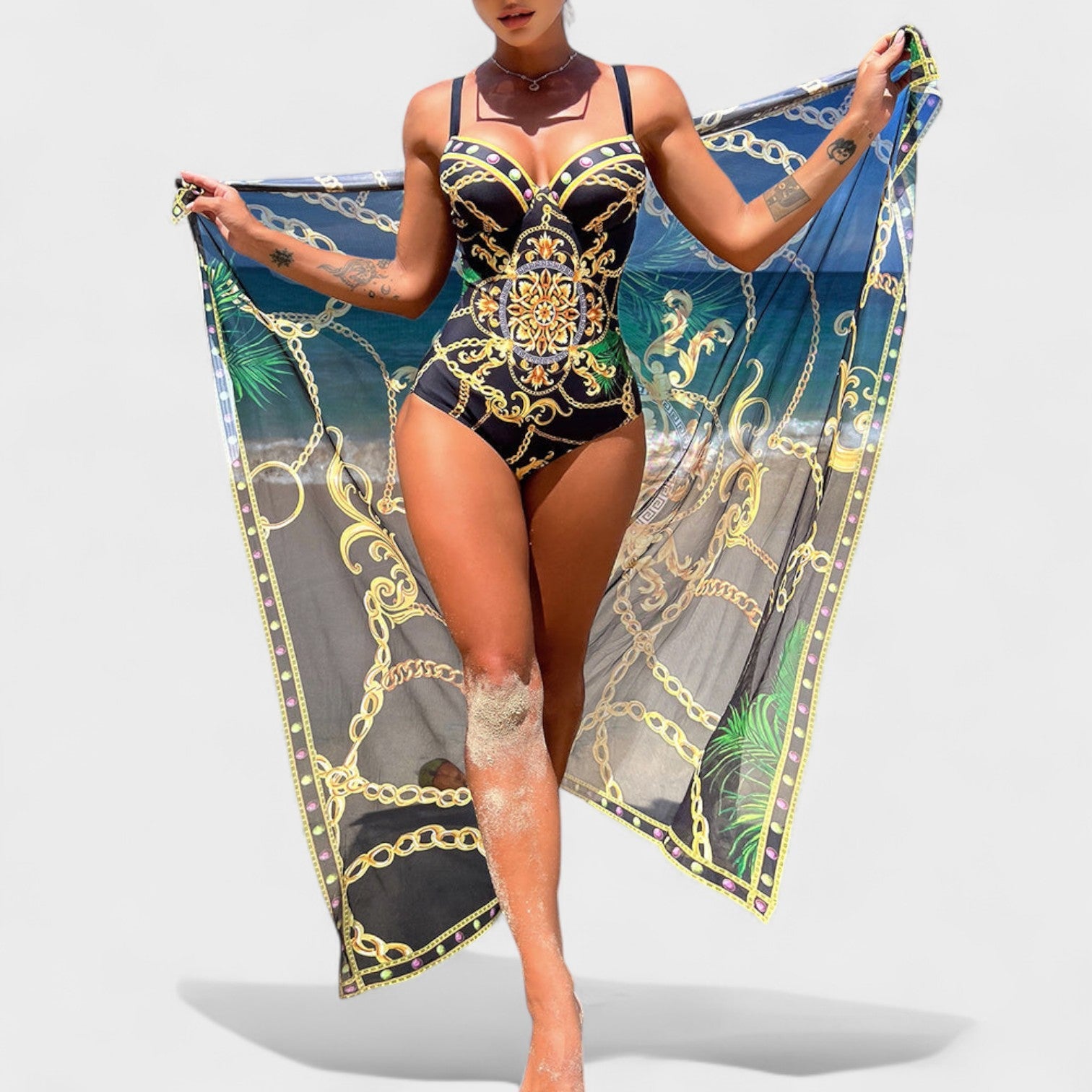 Costume Push-Up con Catena e Gonna da Spiaggia
