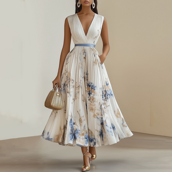 Beatrice | Abito Elegante da Cerimonia Floreale Blu e Bianco