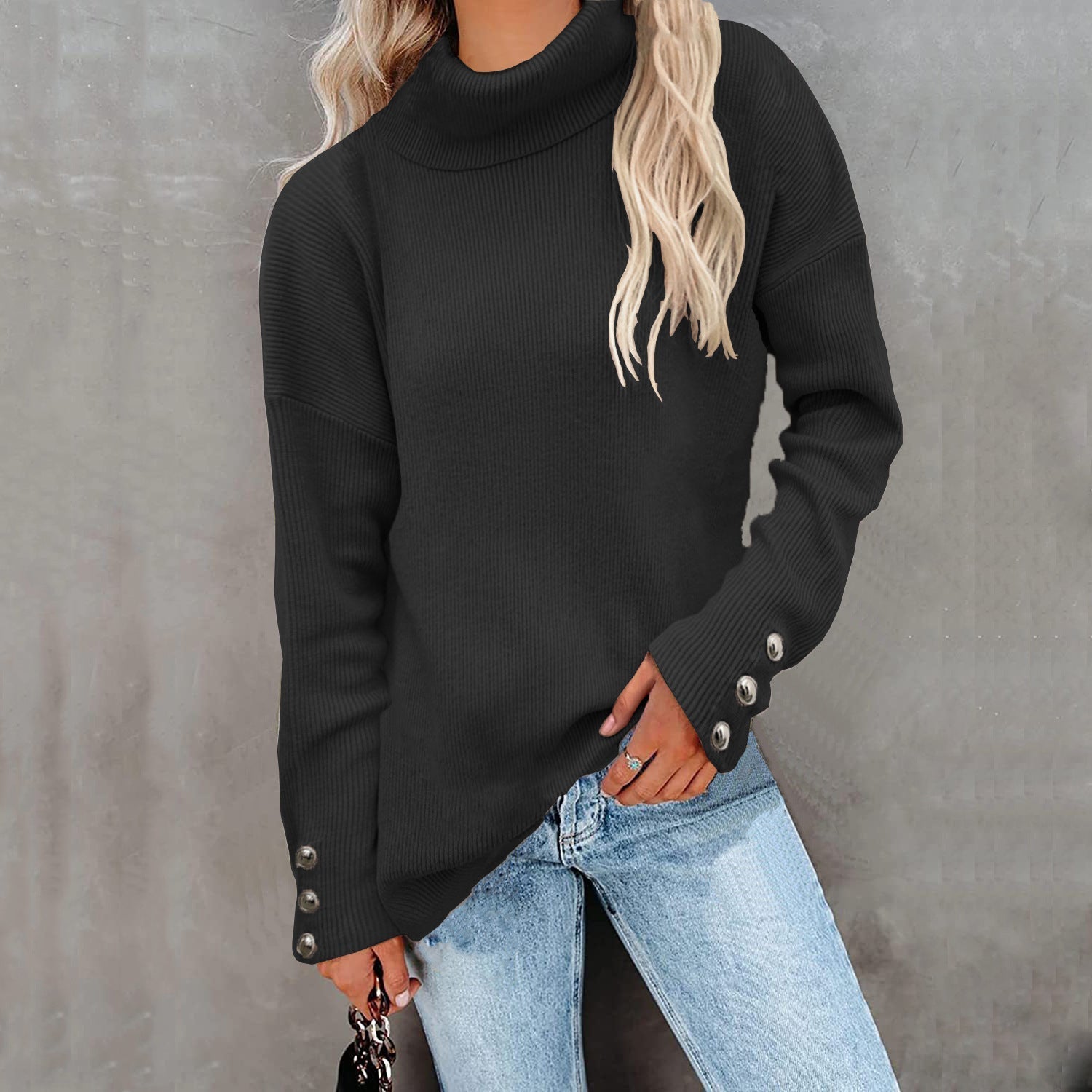 Olga | Maglione Invernale Chic Dolcevita con Polsini a Bottoni