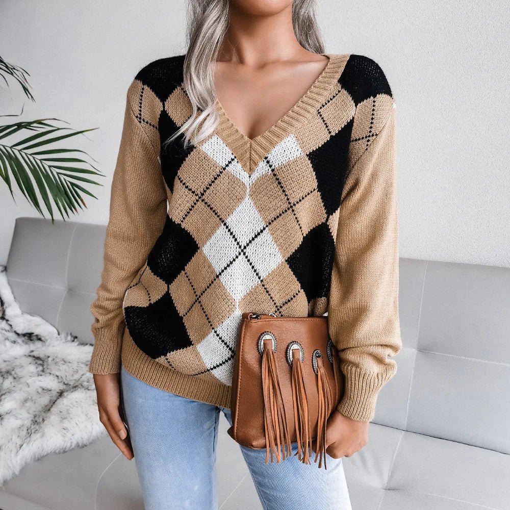 Camilla | Maglione Invernale a V con Motivo Argyle Donna