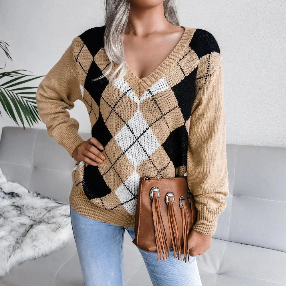 Camilla | Maglione Invernale a V con Motivo Argyle Donna
