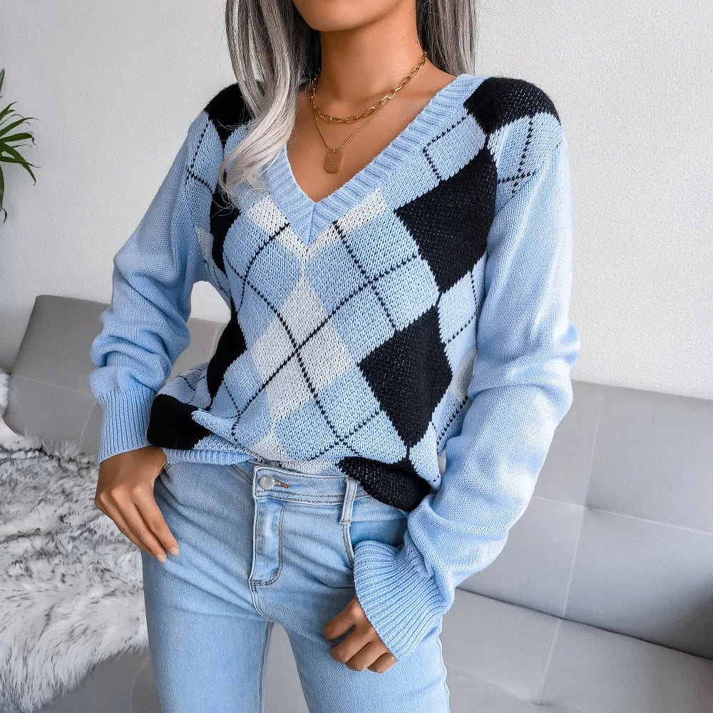 Camilla | Maglione Invernale a V con Motivo Argyle Donna