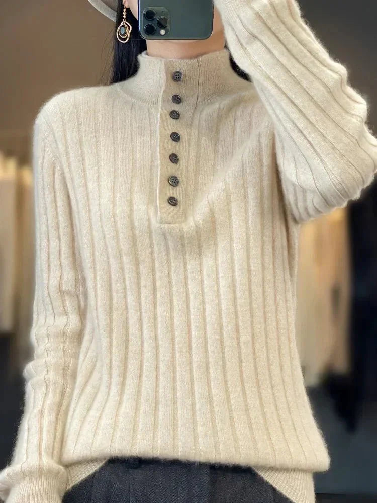 Monica | Maglione Invernale a Coste con Colletto a Bottoni