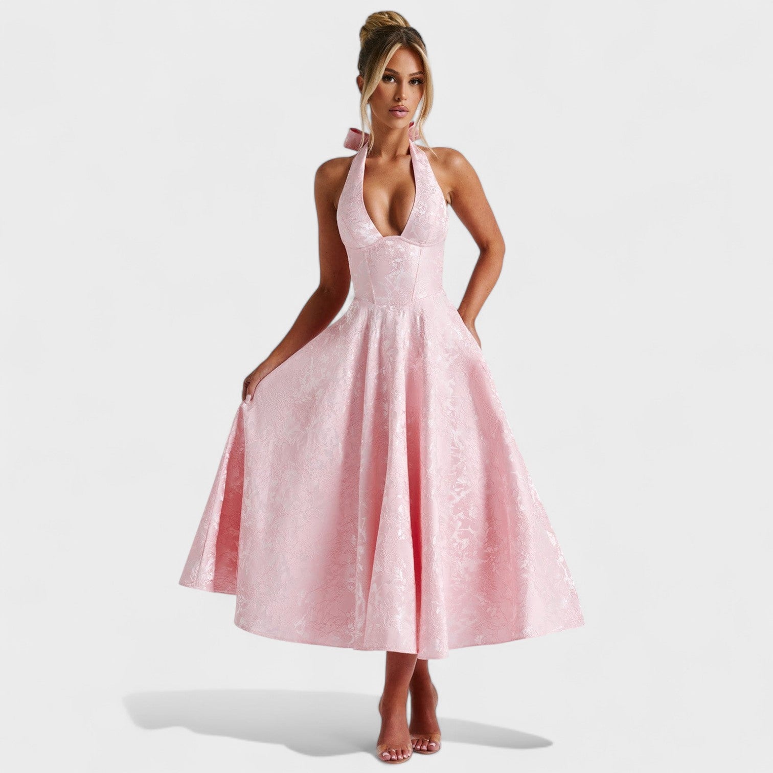 Vestito Midi Testurizzato con Scollo Halter