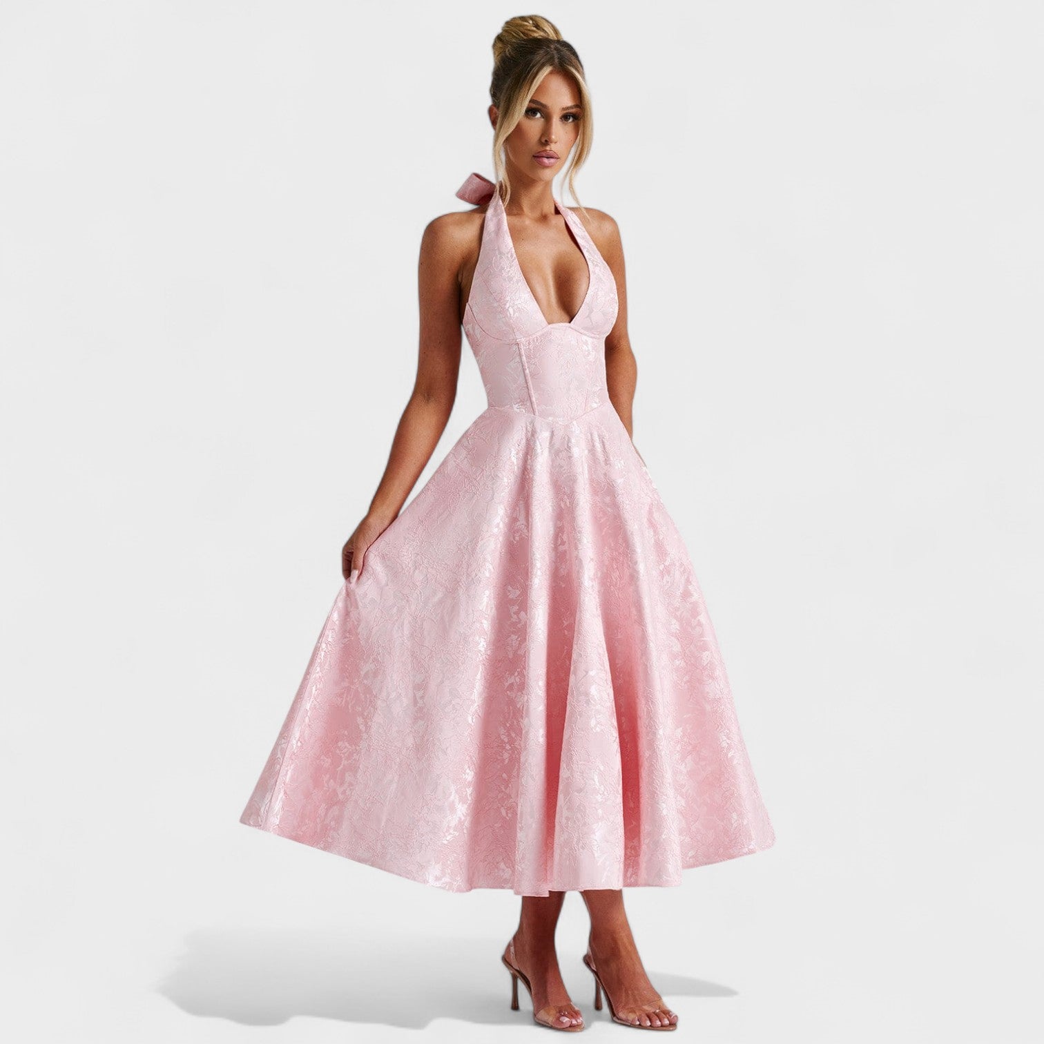 Vestito Midi Testurizzato con Scollo Halter