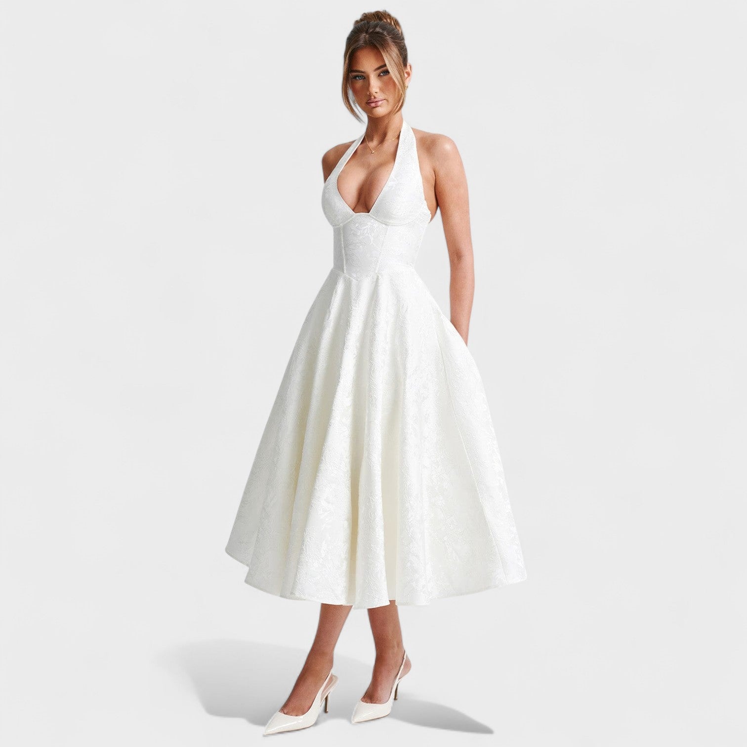 Vestito Midi Testurizzato con Scollo Halter