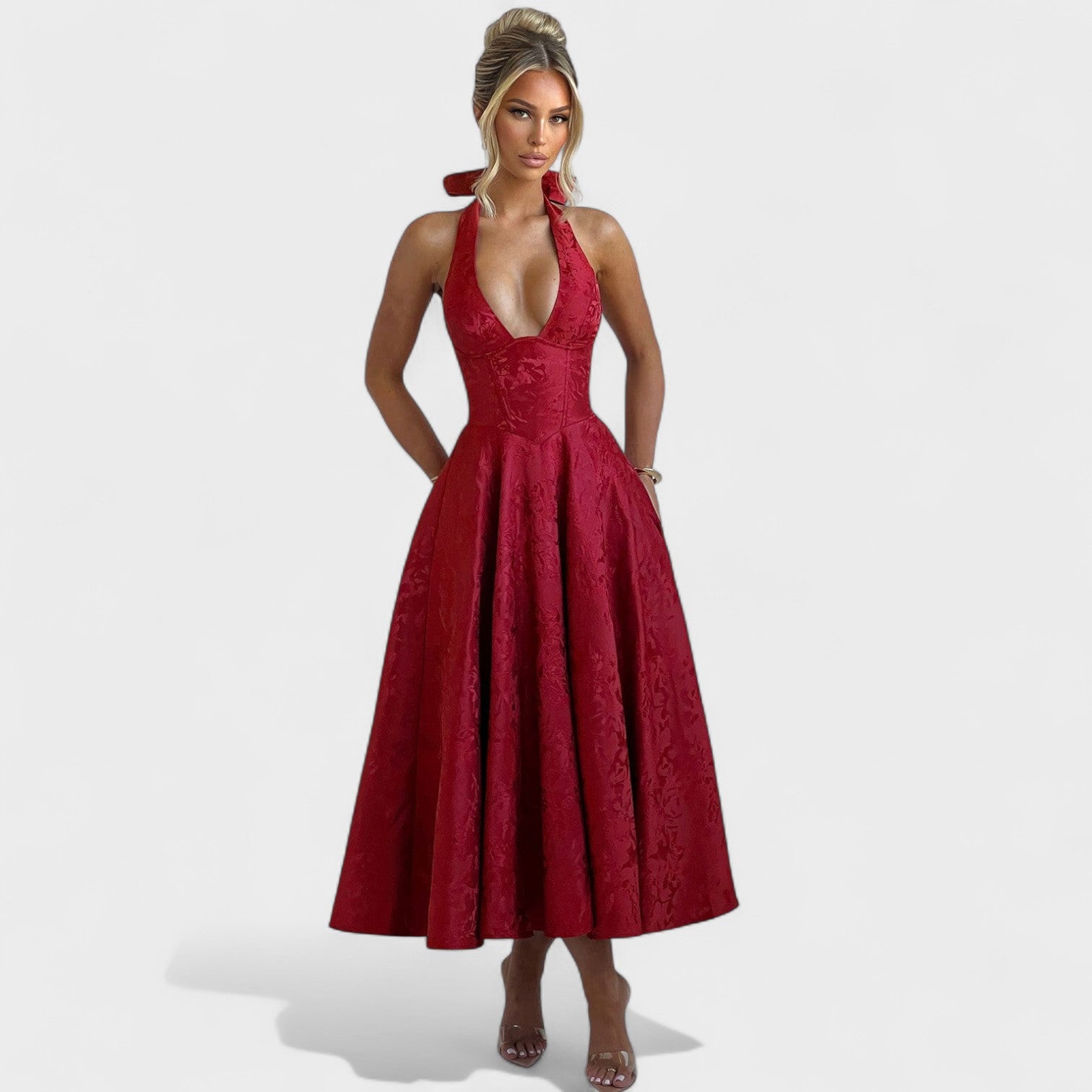 Vestito Midi Testurizzato con Scollo Halter