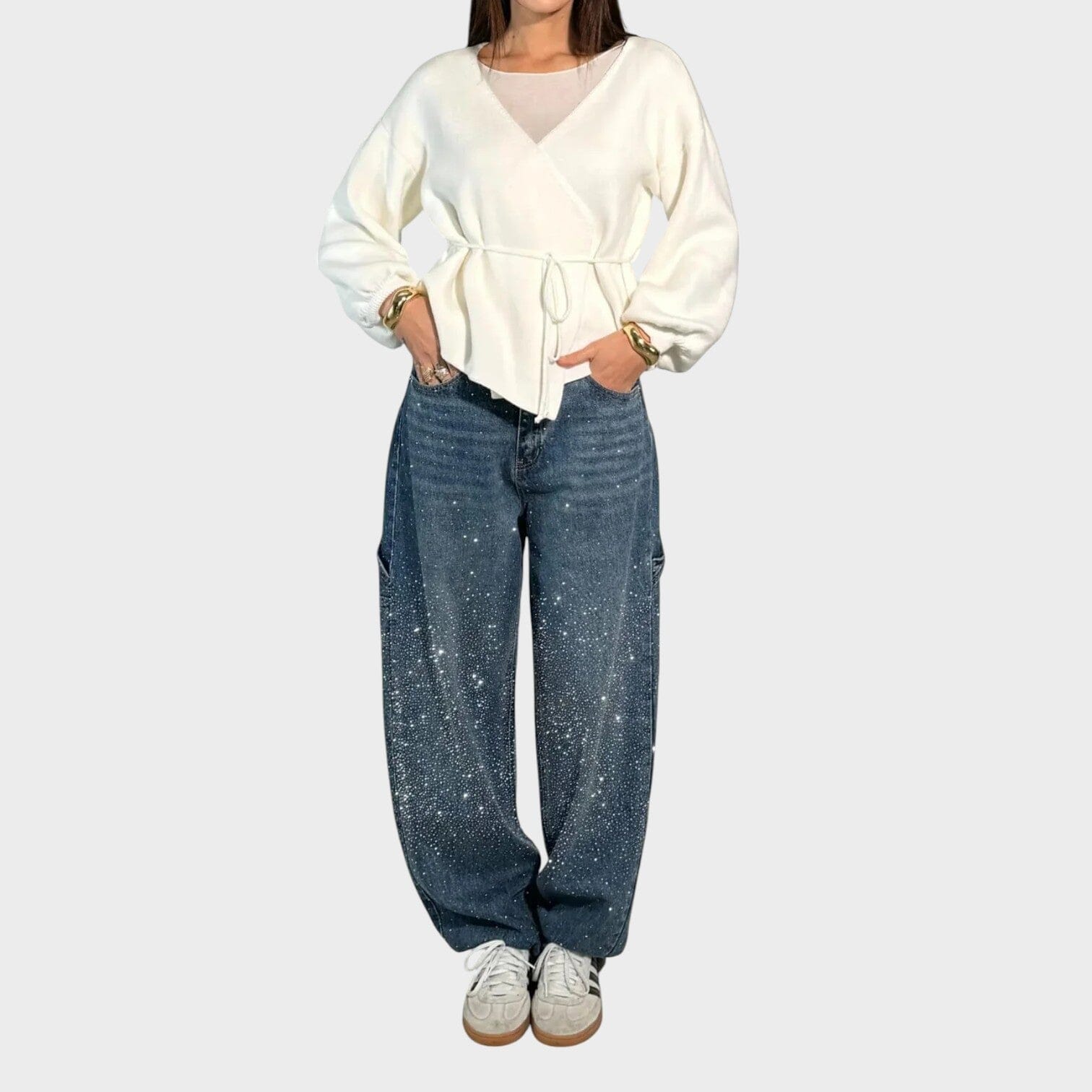 Jeans a Gamba Larga con Leggero Effetto Lucido
